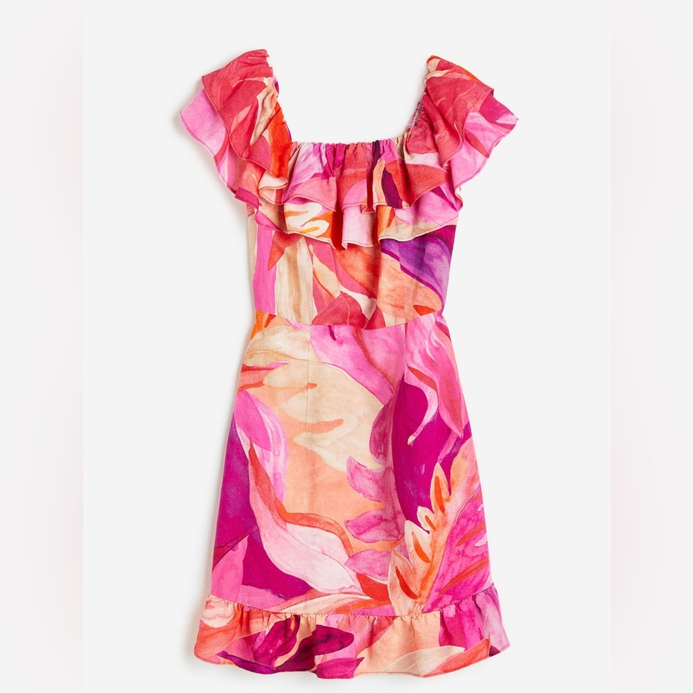 Off-the-shoulder Linen Pattern Dress